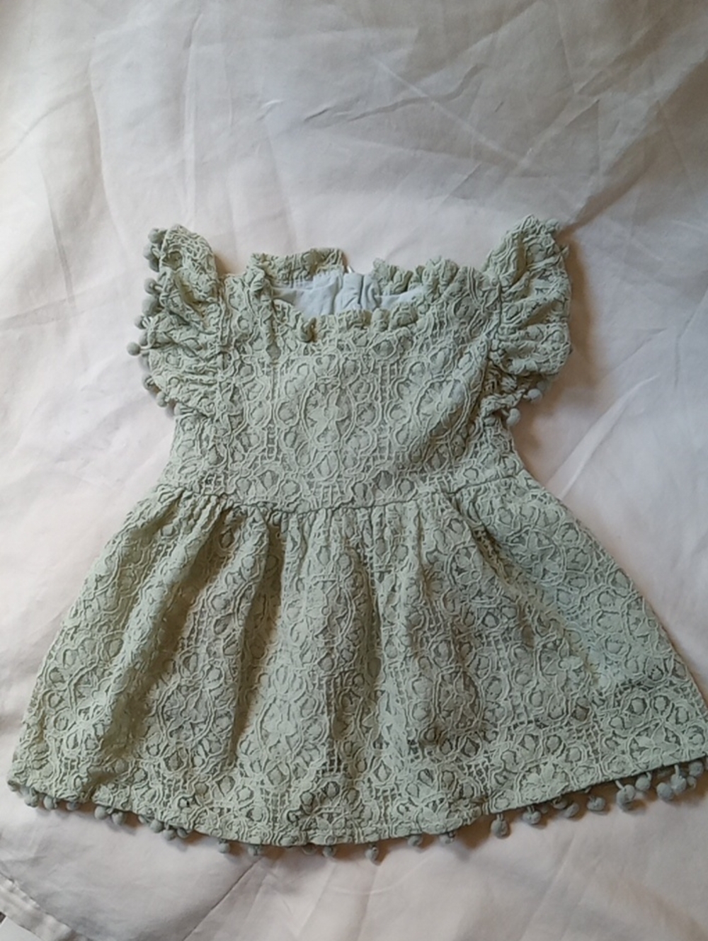 Girls' Lace Pom-Pom Dress in Light Sage
